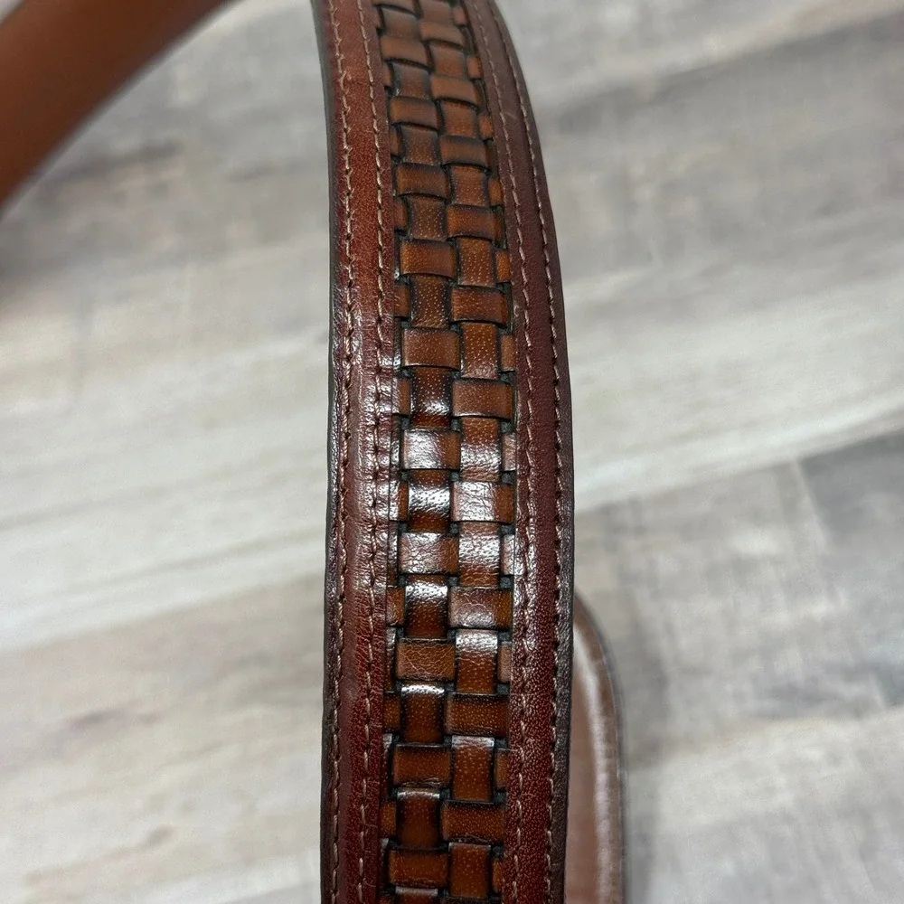 Leather Belt Basketweave Woven Men 36 Brown Brass Buckle Office Preppy Old Money